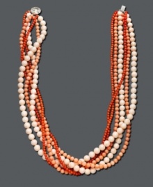 Turn any outfit into a statement with an extra splash of color. This six row necklace features multicolored cultured freshwater pearls mixed with bright, bold coral. Crafted in sterling silver. Approximate length: 18 inches.