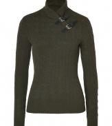 Inject a luxe note into your timeless classic look with Ralph Laurens cable knit loden cashmere pullover - Wrapped mock neck, belted leather straps, long sleeves, ribbed trim - Slim fit - Wear with everything from jeans and flats to mid-length wool skirts and leather boots