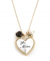 Sweet and sentimental. Betsey Johnson's heart pendant necklace conveys romantic longing. With simulated pearls plus heart and flower charms, it's crafted in antique gold tone mixed metal. Includes a signature gift box. Approximate length: 16 inches + 3-inch extender. Approximate drop: 1 inch.