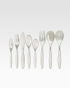 An understated and elegant set of stainless steel cutlery, crafted with rounded, slightly indented stems that taper and blossom into elegant tines and curves. Includes 8 dinner knives, dinner forks, salad/dessert forks and soup/cereal spoons, plus 2 serving spoons and 1 serving fork. 43 total pieces 18/10 stainless steel Machine wash Imported 