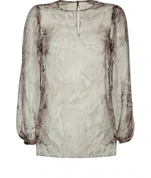 Modern blouse in sheer, grey silk - Trendy snake print - Lightweight and delicate - Narrow tunic shape with a round neck and long sleeves - Casual silhouette with slightly longer back than front - Single button closer at back - Try with leather leggings, blazer and peep toes or with skinny jeans and sandals