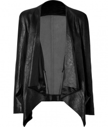 Detailed in ultra luxurious lambskin with a cool front drape and contemporaneity tailored seaming, Donna Karans combo jacket is both modern and exquisite - Draped open front, long sleeves, tailored patchworked seaming - Fitted - Wear over everything from tissue tees and skinnies to cocktail sheaths and platform pumps