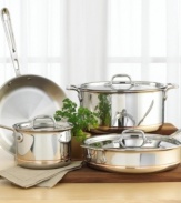 All the components in this 7-piece set offer superb heat conductivity and distribution. You won't get hot spots, so food cooks evenly. Set includes 10 fry pan, 2-quart covered sauce pan, 3-quart covered sauté pan and 8-quart covered stock pot. Stainless steel exterior layer with a band of copper for accent. The pan has a copper core surrounded by two layers of aluminum and a stainless steel cooking surface. Polished stainless steel handles stay cool during cooking and are secured with sturdy, non-corrosive rivets. Stainless steel lid fits flush to pan so you can seal in the food's flavor. Hand washing is recommended.