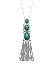 Get in on the latest tassel trend! Bar III's up-to-date design highlights oval-shaped green acrylic beads in an intricate square setting with dangling chains. Crafted in silver tone mixed metal. Approximate length: 29 inches + 3-inch extender. Approximate drop: 6-9/10 inches.