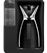 The coffee your house makes is brilliant when Bodum is calling the shots. Reinventing the drip process, this coffee maker features a titanium-lated stainless steel fine mesh filter-no paper filters needed-that keeps coffee pure in taste and never bitter. Coffee drips into a plastic double-walled thermos with stainless steel interior and stays warm until you're ready to sip & savor. 2-year warranty. Model 11001-01US.