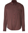 Casual goes cool in this must-have plaid button down from Vince - Small button down collar, long sleeves, front button placket, single chest pockets, curved hem, all-over plaid print - Pair with straight leg jeans and a cashmere pullover