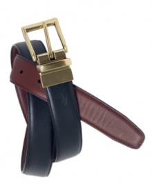 Finished in elegant leather, the dress belt can be worn in two shades for versatile style.