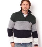 Smart and nifty is this 1/4 zip horizontal bold stripe sweater by Nautica.