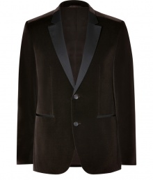 Streamline your look with an edge of modern dandy in Hugos satin-trimmed deep brown velvet blazer - Notched lapel, long sleeves, buttoned cuffs, black satin trim, double buttoned front, front slit pockets, back vent - Modern tailored fit - Team with sleek slim trousers and patent leather brogues