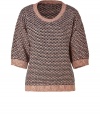 Stylish sweater in fine, acrylic and alpaca wool blend - Gorgeous, densely woven nay and peach knit - Elegant, on-trend 3/4 sleeves and round neck - Contrast rib trim at collar, hem and cuffs - Slim yet easy fit, hits just below hips - Chic and versatile, great for work and play - Pair with wide-leg denim or slim trousers and ankle boots or sandals