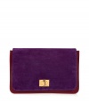 Luxury clutch of ruby-colored calf leather with violet suede flat - Gold-colored locking twist - Trendy, thin square-shaped envelope style - Sophisticated statement piece that looks great with a cocktail dress, or leather pants and blouse, and heels