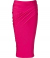 With its shocking pink hue and flattering draped jersey, Donna Karans form-fitting skirt is a radiant luxe way to amp up your outfit - Curved seam with ruching detail, pulls on - Form-fitting - Wear with a silk blouse and pin heels