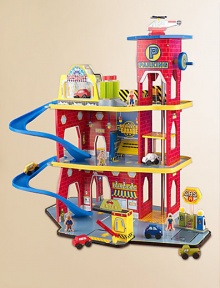 This deluxe wooden set is loaded with fun, interactive features to keep kids entertained for hours. They'll love driving cars and trucks up the winding ramp as they visit the drive-thru, the service station, even a car wash with moving scrubbers!