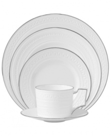 Wedgwood substitutes texture for tone in the exquisite Intaglio Platinum place settings. White bone china embossed with intricate geometric patterns is undeniably modern but inspired by Georgian-era designs.