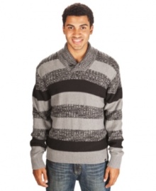 With a shawl collar and striped design, this Marc Ecko Cut & Sew sweater is cozy and classy.