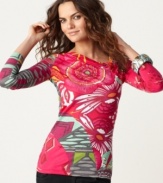 In a bold mixed floral print, this bright Desigual top will cheer up any winter wardrobe -- beading details add shine!