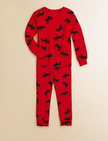 Your young adventurer can settle down for a long winter's nap with this bold and fun moose print to keep him company.Ribbed crew necklineLong sleeves with ribbed cuffsElastic-waist bottoms with ribbed cuffsCottonMachine washImported