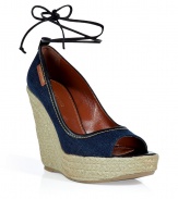 Get spring-ready with these flirty denim wedges from Sergio Rossi - Peep-toe, denim upper, espadrille wedge heel, ankle tie detail - Style with cropped trousers and a sheer blouse or a downtown-ready sundress