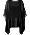 Make a dramatic cocktail hour debut in DKNYs ethereal black silk/satin paneled poncho - Wide neckline, cut-out shoulders, open sides, sheer top, stretch silk panel, satin hemline, black tank top lining - Oversized draped fit - Wear over slim-fitting separates with shimmering statement jewelry