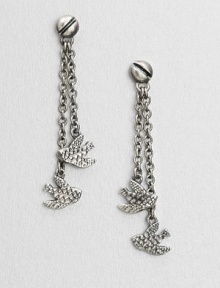 Delicately feathered birds dangle delightfully from graceful chains with screw-head detail.Oxidized rhodium and palladium platingLength, about 2Post backImported