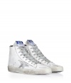 Luxe with a retro edge, these sneakers from Golden Goose will kick your style into high gear - Round toe, lace up style, side star detail, exposed side-zip closure, stylishly distressed, contrasting rubber sole - Pair with jeans and leather jackets, or with micro minis and modern knits