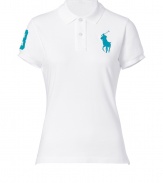 Detailed in breathable cotton mesh, Ralph Laurens neon detailed big pony polo is a cool modern take on this iconic style - Small collar, button placket, short sleeves, oversized neon turquoise embroidered polo player at chest and number patch on sleeve, slit sides, high-low hemline - Classic slim fit - Wear with your favorite jeans and just as bright loafers