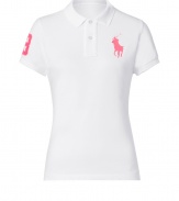 Detailed in breathable cotton mesh, Ralph Laurens neon detailed big pony polo is a cool modern take on this iconic style - Small collar, button placket, short sleeves, oversized neon pink embroidered polo player at chest and number patch on sleeve, slit sides, high-low hemline - Classic slim fit - Wear with your favorite jeans and just as bright loafers