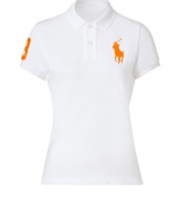 Detailed in breathable cotton mesh, Ralph Laurens neon detailed big pony polo is a cool modern take on this iconic style - Small collar, button placket, short sleeves, oversized neon orange embroidered polo player at chest and number patch on sleeve, slit sides, high-low hemline - Classic slim fit - Wear with your favorite jeans and just as bright loafers