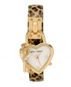 Betsey Johnson spices up the old school charm bracelet with saucy animal print! Watch crafted of leopard print leather strap with polished gold tone heart-shaped case. White mother-of-pearl dial features crystal accents at three, six and nine o'clock, gold tone hour and minute hands, signature fuchsia second hand and logo. Quartz movement. Two-year limited warranty.