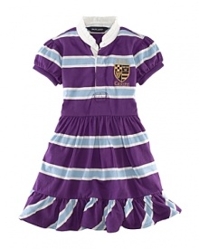 The classic striped rugby shirt inspired a comfortable cotton jersey dress, finished for a pretty look with a ruffled collar and puff sleeves.