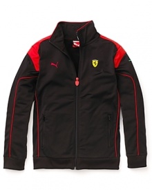 With a two-toned trim and the distinctive Ferrari logo emblazoned on the back, this track jacket by PUMA adds pop to a stylish-yet-sporty look.