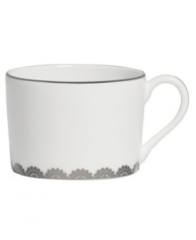 Vera Wang marries modern shapes with traditional lace in this set of dinnerware. The dishes are decidedly timeless. Platinum trim and banding add delicate feminine touches to this white bone china teacup.