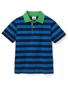 A bright green color punches up Lacoste's striped jersey polo--a stylishly preppy companion for jeans or chinos.