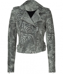 Luxe jacket in pure, supple grey and white patterned lambskin - Chic, curve-hugging moto cut crops at hips - Offset zipper closure, long sleeves and wide lapels - Epaulets and zip and flap pockets - A sexy, feminine spin on a slick, masculine staple - Ultra-versatile style works day or evening - Pair with just about anything in your wardrobe, from pencil skirts and skinny jeans to suit trousers and boho dresses