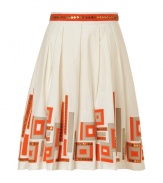 Elegant skirt in fine ivory and orange-printed cotton-blend fabric - Features wide, swinging silhouette with decorative pleating for pretty, feminine movement - Stylish, geometric print with gold-colored accents - Wear with tight tops to highlight the shape and the adorned waist - Pair with ballet flat or kitten heels for a soft, wearable look perfect for the office or a first date