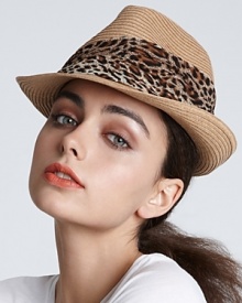 Elevate your summer style with a woven fedora with a pleated animal print chiffon band.