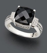 Decorate your digits in sweet, mysterious sparkle. Effy Collection ring features a square-cut onyx (5-1/5 ct. t.w.) accented by sparkling round-cut diamonds at the sides. Setting and band crafted in sterling silver with intricate engraved detailing.