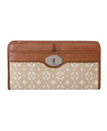 A retro-inspired print adds interest to this ultra organized dual pocket zip clutch by Fossil. Silvertone hardware, a signature plaque at front and plenty of organizational features inside make this design fashionably functional.