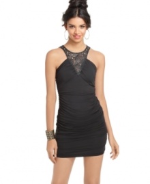 Sugar & Spice brings attitude to the little black dress! A cutout-design inset and tough exposed zipper add downtown cool to a dangerously hot, curve-hugging party dress.