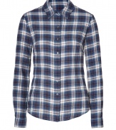 Garment dyed with extra softener for that perfectly worn-in feel, James Perses plaid shirt is an effortless cool choice for casual looks - Classic collar, long sleeves, buttoned cuffs, button-down front - Relaxed fit - Wear with tissue tanks and favorite skinnies