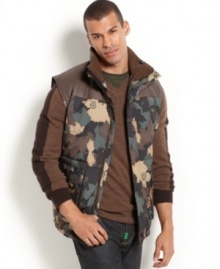 Handsome camouflaged vest by LRG with military style pockets.