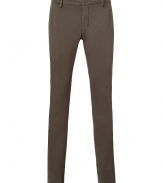 Stylish pants in fine, chocolate cotton stretch blend - Slim chino cut tapers gently through leg - Crease detail flatters and elongates the silhouette - Lower rise with belt loops, zip fly and button closure  - Slash pockets at sides, welt pockets at rear - Casually elegant, easily dressed up or down - Pair with a t-shirt, blazer and leather lace-ups, or a button down, cardigan and trainers