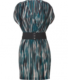 Take the print trend into your workweek with Akikos variegated striped silk dress, detailed with a stretch faux-leather belt for a soft, feminine look - Wrapped V-neckline, sleeveless with draped arm opening, gathered shoulders, elasticized waist, faux-leather twisted belt with elasticized strap and snap closures, pull-over style - Softly draped silhouette, mini-length - Wear with a blazer and flats to work, or dress up for cocktails with a leather jacket and heels