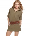 This shirt dress from Rampage brings a bit of safari-chic styling to your summer wardrobe. The neutral color is always in style and the belted waist showcases your silhouette.