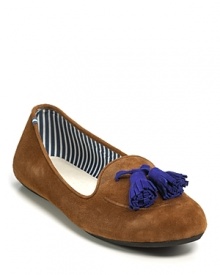 Dapper tassels top Charles Philip's suede smoking flats, a borrowed-from-the-boys style that flirts best with cuffed trousers or abbreviated hemlines.