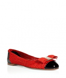 Luxe ballerina in supple patent leather and raffia - A chic twist on the classic Varina flat from Salvatore Ferragamo - Stylish and summer-ready in rich red raffia - Black cap toe and quarter, 0.4 heel - Signature bow and logo plate - Vibrant and classically elegant, seamlessly transitions from work to weekend - Pair with everything from skinny denim and pencil skirts to knit dresses and suit trousers