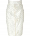 Luxe skirt in fine, pure cream silk - A sexy, sumptuous knockout from LWren Scott - Gorgeous Art Deco-inspired embroidery - Classic, curve-hugging pencil cut accentuates a slim silhouette - Flattering high waist - Kick pleat and rear zip - A sophisticated stunner ideal for work, parties and cocktails - Pair with a blouse and blazer by day, and a silk top and cropped leather jacket at night