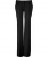 Luxurious trousers of fine black wool are a staple for any business wardrobe - New silhouette features narrow, flared leg and figure-flattering pleats - Hipster seat with wide waistband and belt loops - Classic twist on a modern polished look, perfect for the office, or sophisticated evening functions - Pair with blouses, tops and cardigans, and favorite heels