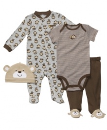 Whether he wants to monkey around or snuggle in for a bear hug, this four-piece set from Carter's has what he'll need. Set includes bodysuit, footed coverall, footed pants and beanie.