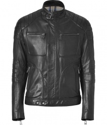 Coupling the best of British craftsmanship with sleekly luxurious materials, form meets function in Belstaffs black leather blouson - Slim cut zip up style, with quilt detail at shoulders, arms and elbows - Stand up collar with buckle embellishment, two zip pockets at chest and two larger vertical zip pockets at front - Versatile and polished, ideal for pairing with everything from jeans and a t-shirt to a button down and dress trousers